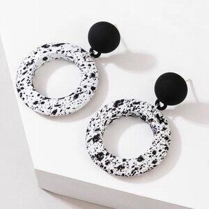 Black and White Paint Splatter Resin Ring Drop Earrings Lightweight Statement